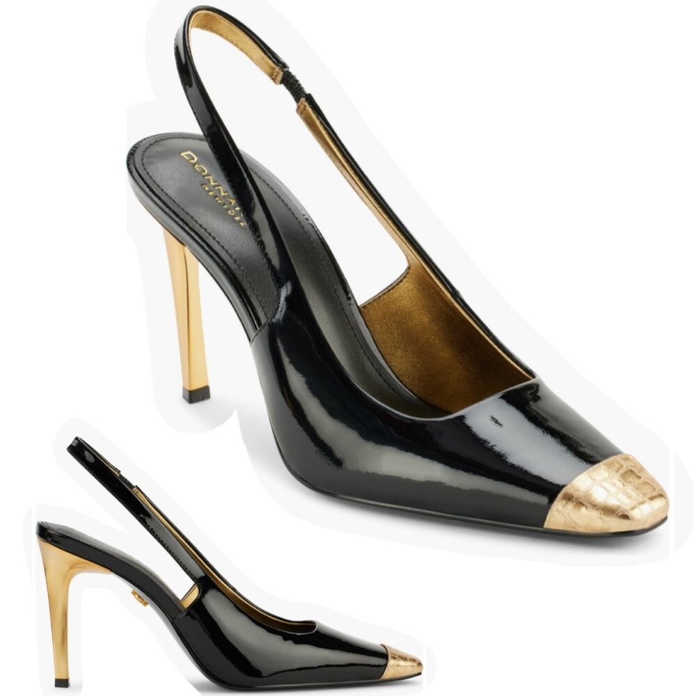 Donna Karan New York Savita Slingback Heels Black Gold Cap Toe Pumps Size 8.5 - Picture 2 of 14
